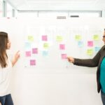 Zwei Personen besprechen Haftnotizen an einer Glaswand im Büro
