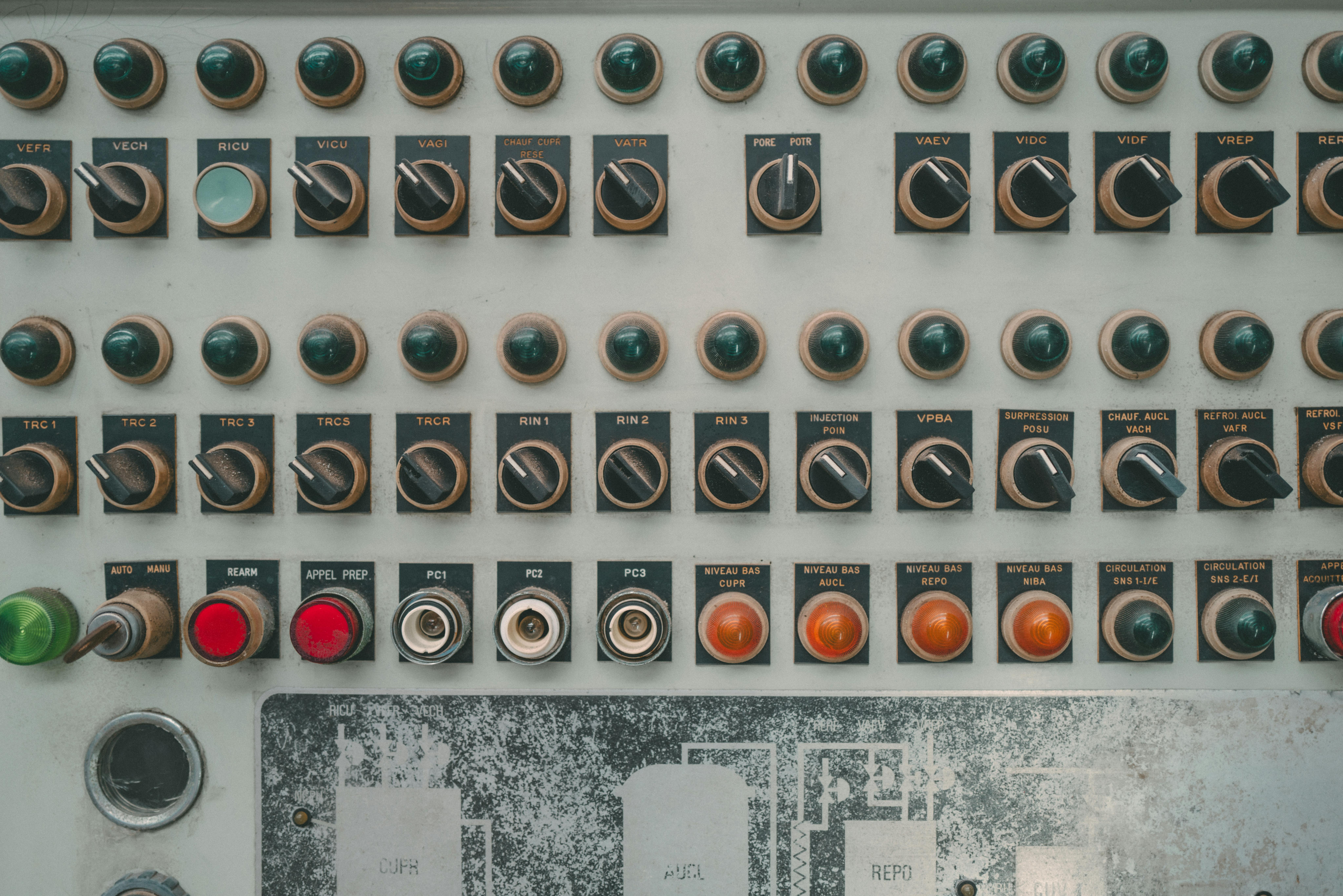 Historisches Bedienfeld mit Schaltern und Tastern als Symbol fuer Kill Switches, Rollout-Steuerung und Feature-Flag-Kontrolle im Betrieb