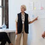 Professionals discussing project plans during a team meeting in a contemporary office