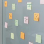 Sticky Notes auf Glaswand für Strategie-, Portfolio- und Priorisierungsplanung