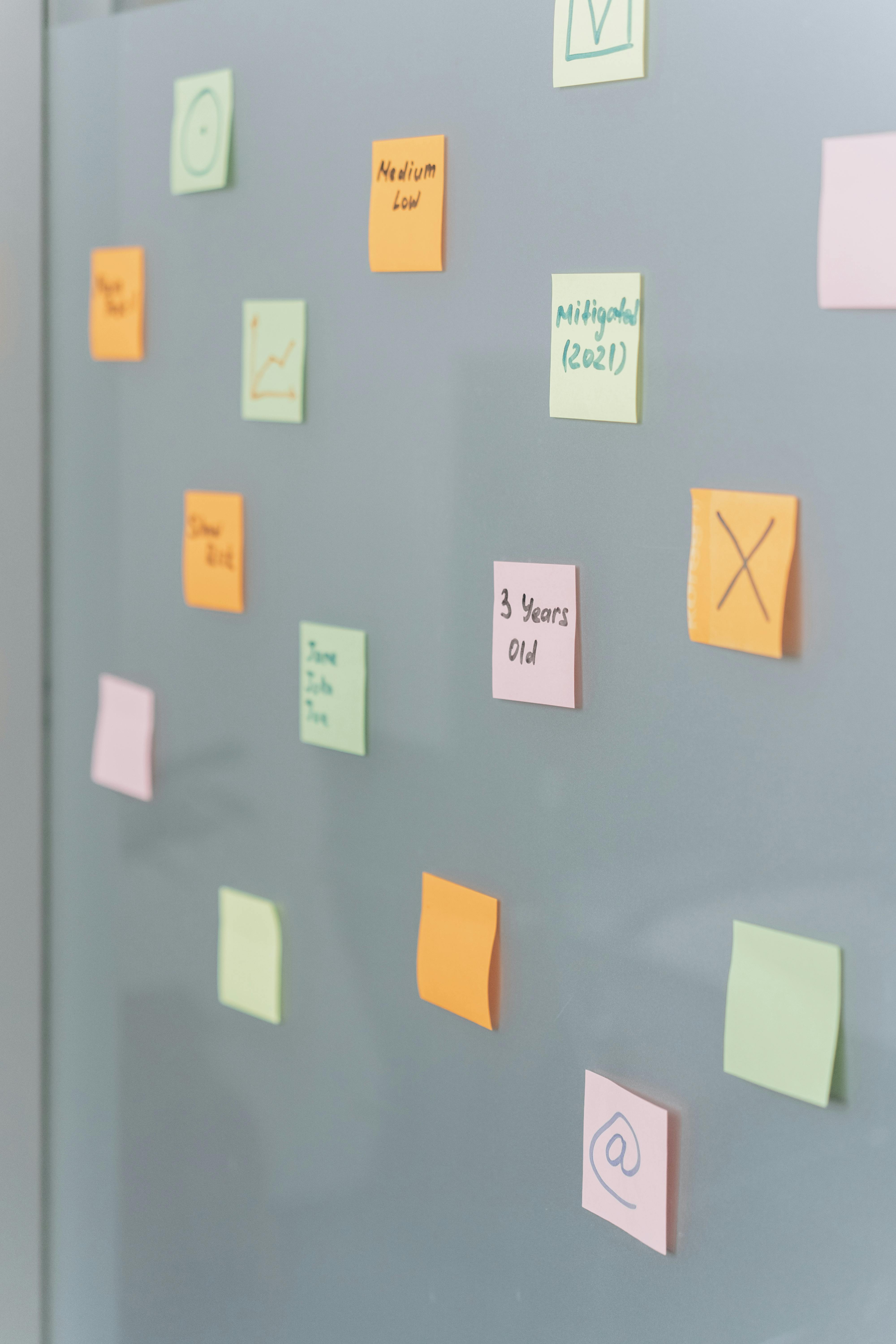 Sticky Notes auf Glaswand für Strategie-, Portfolio- und Priorisierungsplanung
