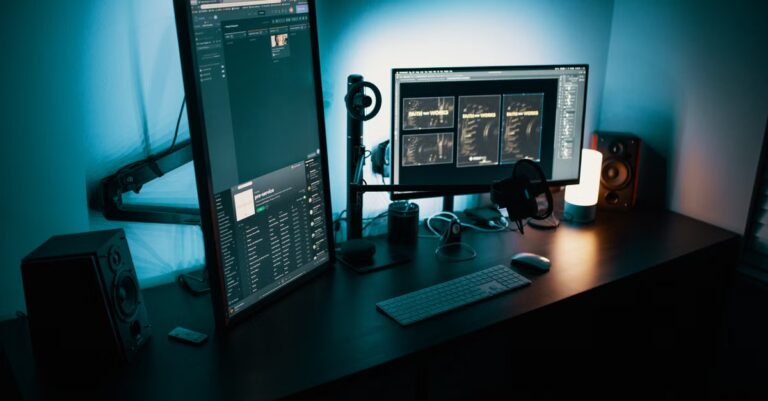 Mehrere Monitore an einem Arbeitsplatz als Symbol für Sicherheitswarnungen, Patch-Priorisierung und Betriebsüberblick im Service Desk